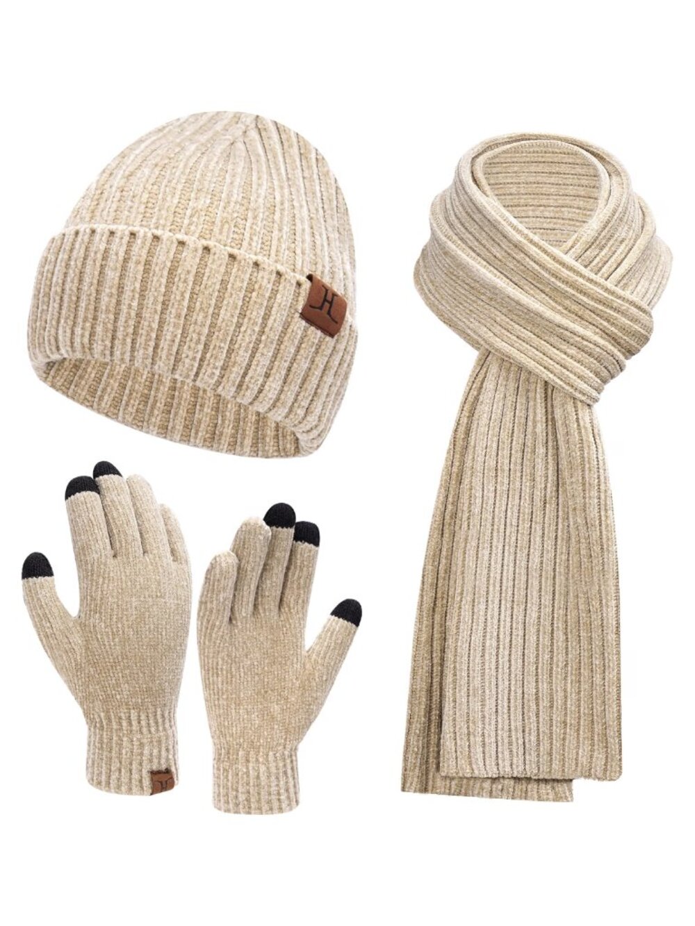 Womens Winter Knit Warm Hat Beanie Long Scarf Touch Screen Gloves Set